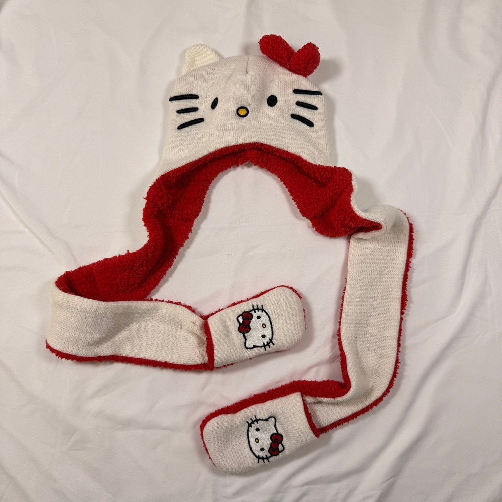 Sanrio Hello Kitty Knit Trapper Hat Scarf‎ Mitten Combo White Red Sherpa Lined